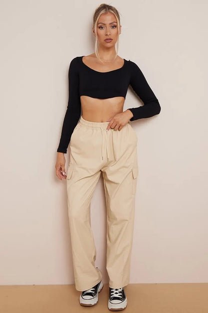 Minimalist Drawstring Waist Wide Leg PU Cargo Pants