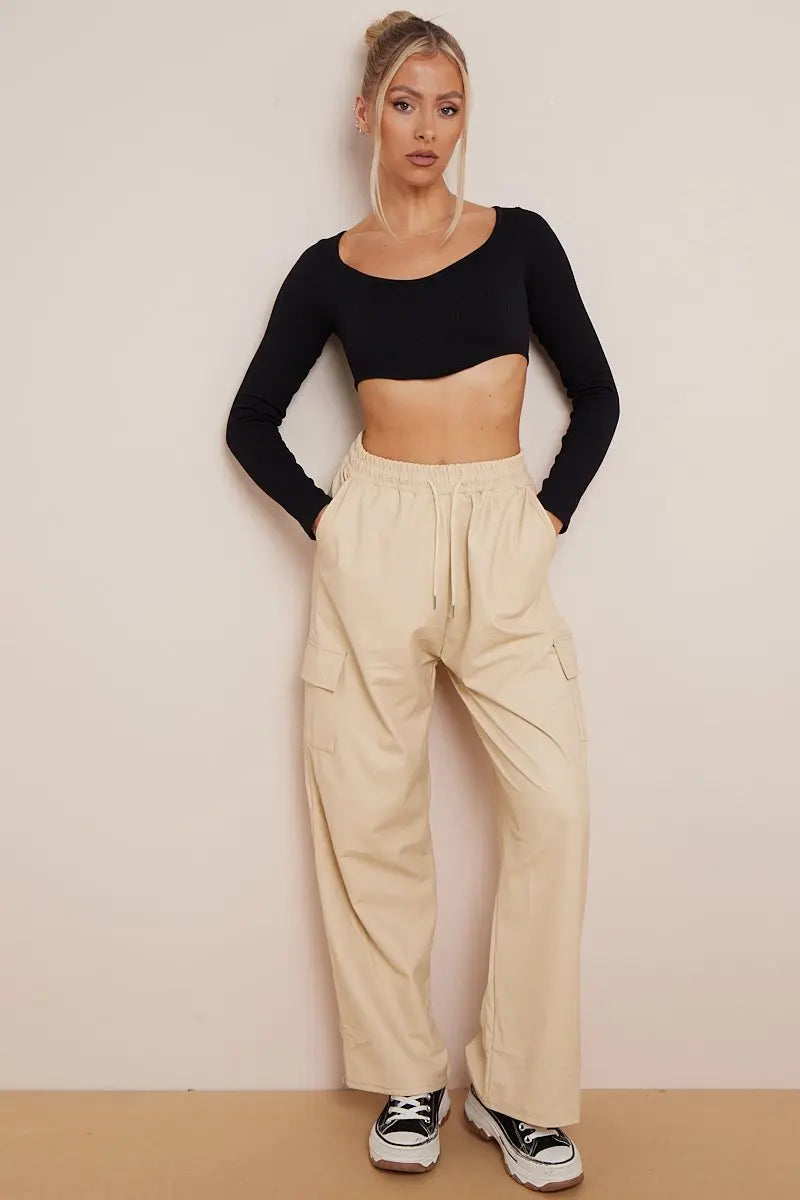 Minimalist Drawstring Waist Wide Leg PU Cargo Pants