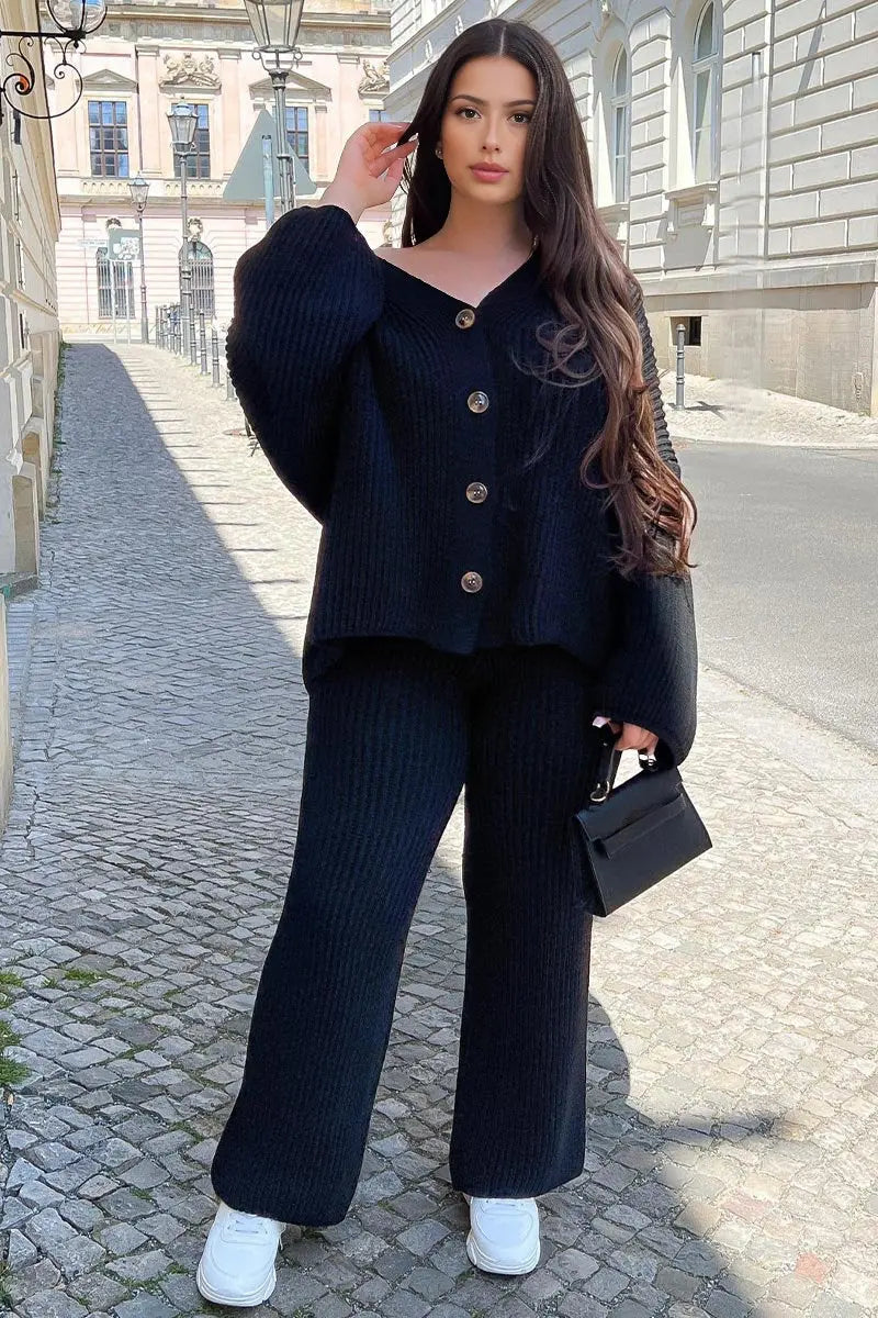 Casual Knit V Neck Cardigan & Loose Trousers Co-ord