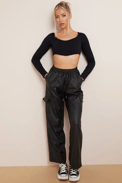 Minimalist Drawstring Waist Wide Leg PU Cargo Pants