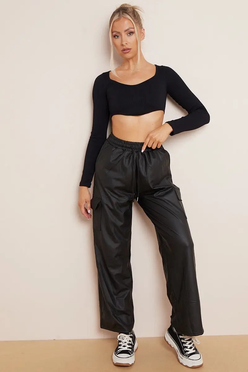 Minimalist Drawstring Waist Wide Leg PU Cargo Pants