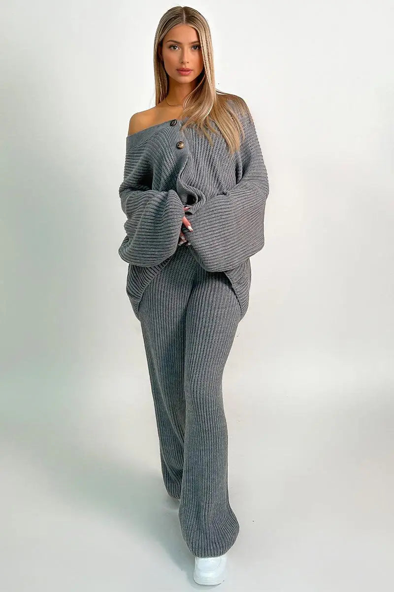 Casual Knit V Neck Cardigan & Loose Trousers Co-ord