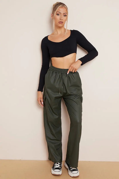 Minimalist Drawstring Waist Wide Leg PU Cargo Pants