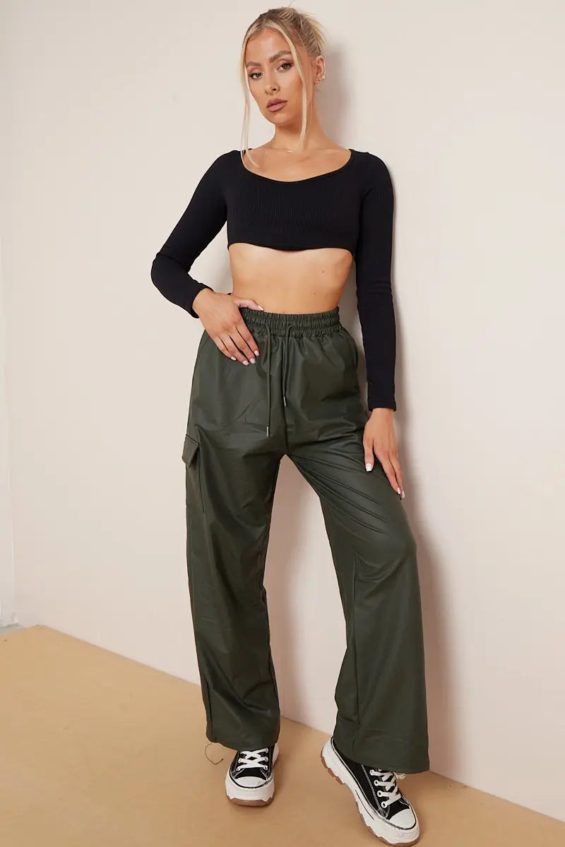 Minimalist Drawstring Waist Wide Leg PU Cargo Pants