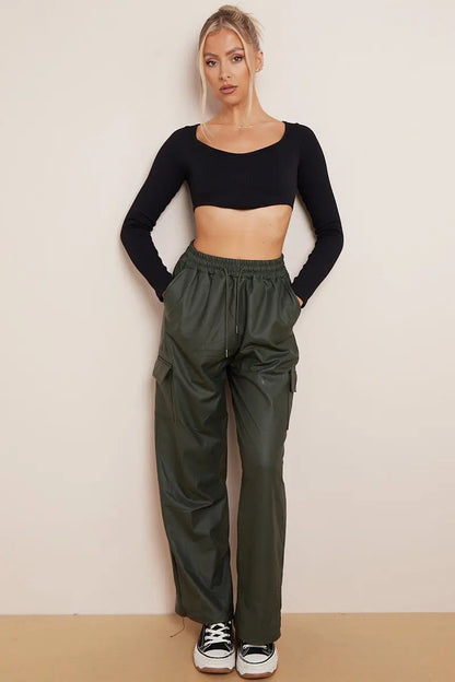 Minimalist Drawstring Waist Wide Leg PU Cargo Pants