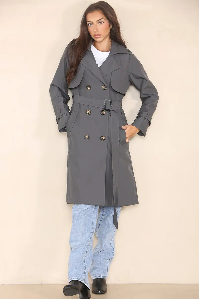 Classy Notch Lapel Double Breasted Belt Decor Trench Coat