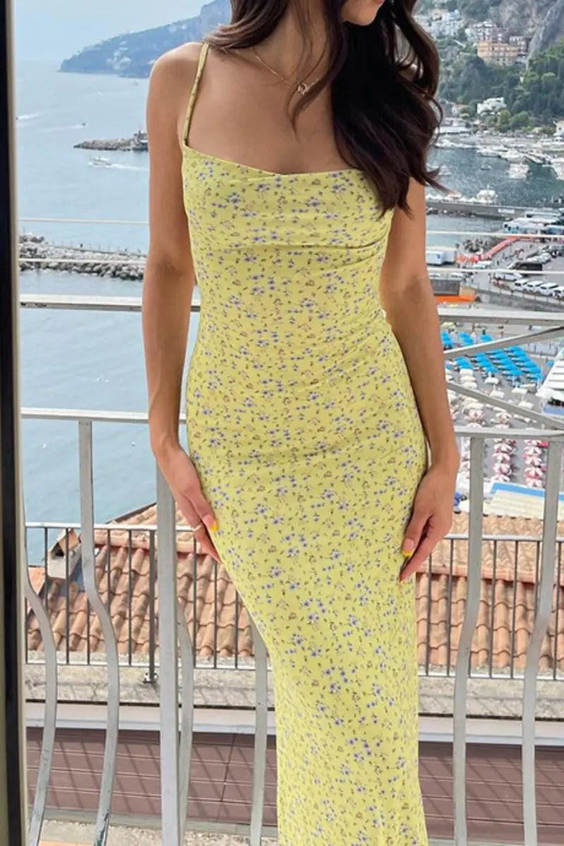 Leisure Floral Print Spaghetti Strap Backless Maxi Dress