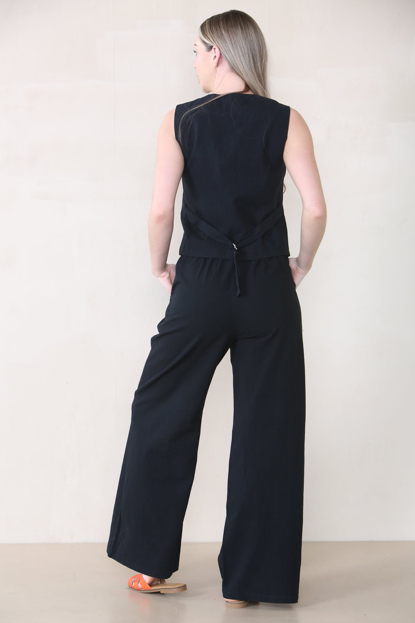 Commuter V Neck Sleeveless Button Top & Wide Leg Trousers Co-ord