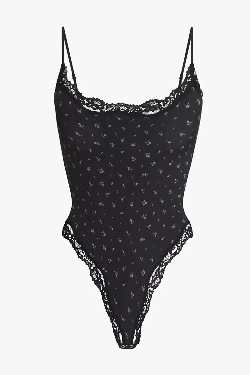 Sexy Solid Color Spaghetti Strap Lace Trim Stretch Bodysuit