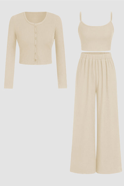 Minimalist Slim Camisole & High-Waist Trousers with Long-Sleeve Cardigan 3-Piece Set