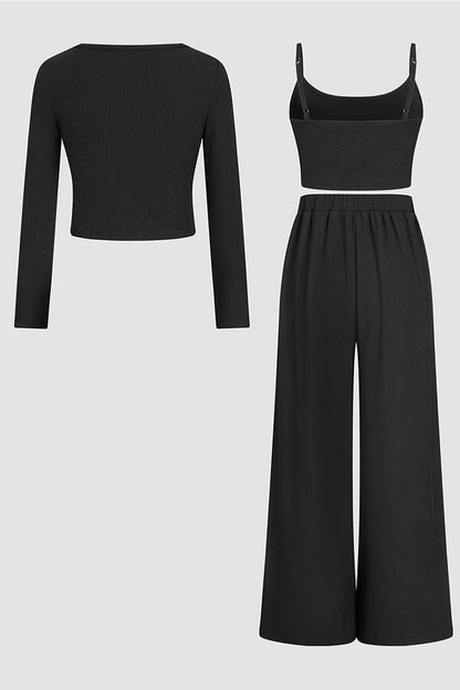 Minimalist Slim Camisole & High-Waist Trousers with Long-Sleeve Cardigan 3-Piece Set