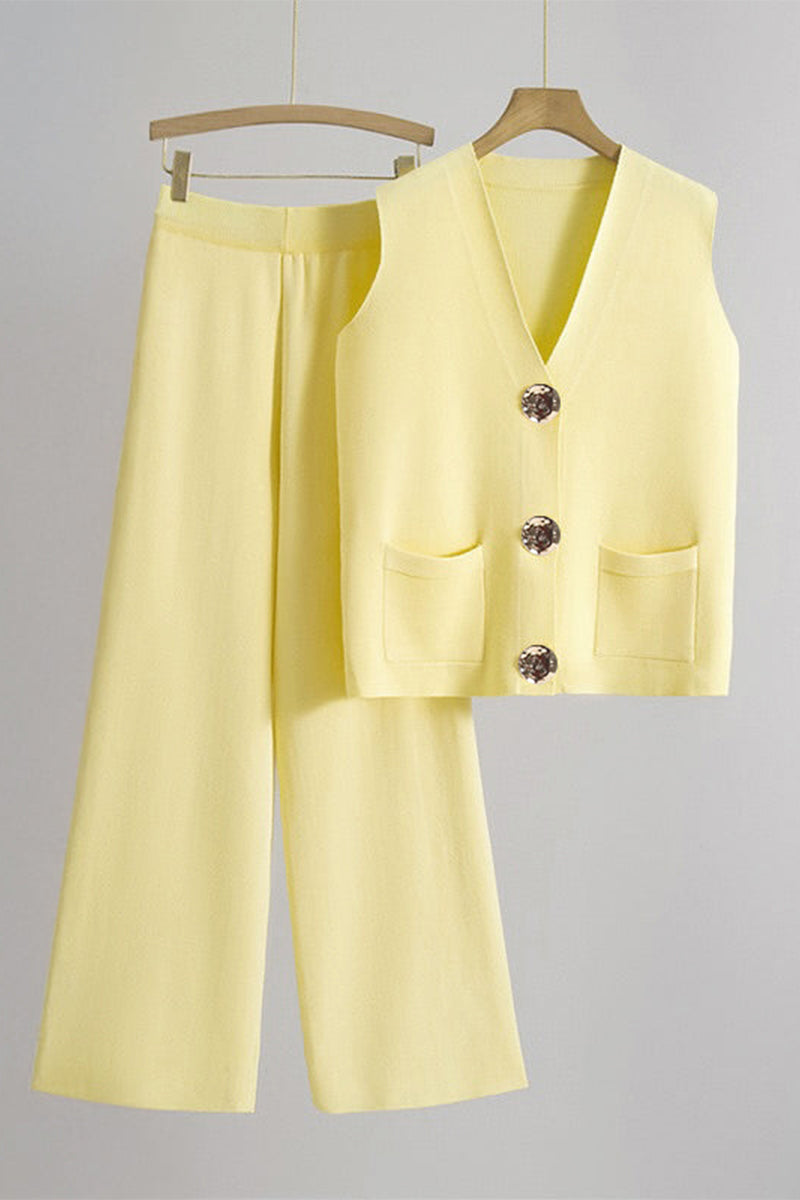 Minimalist Solid V-Neck Button Tank Top & Wide-Leg Trousers Co-ord