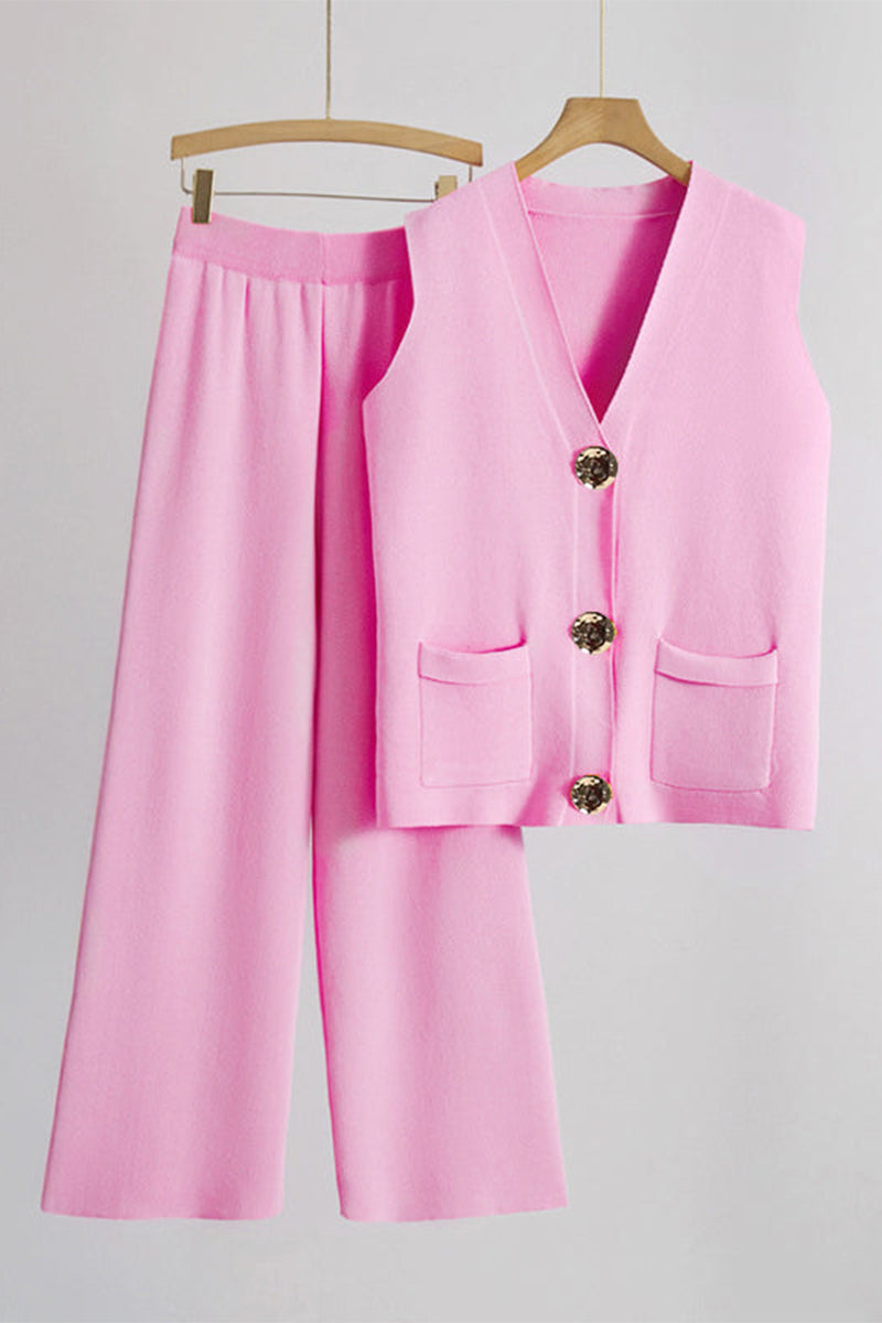Minimalist Solid V-Neck Button Tank Top & Wide-Leg Trousers Co-ord