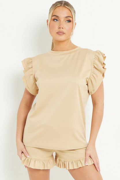Trendy Ruffle Sleeve Loose Top & Drawstring Waist Shorts Co-ord