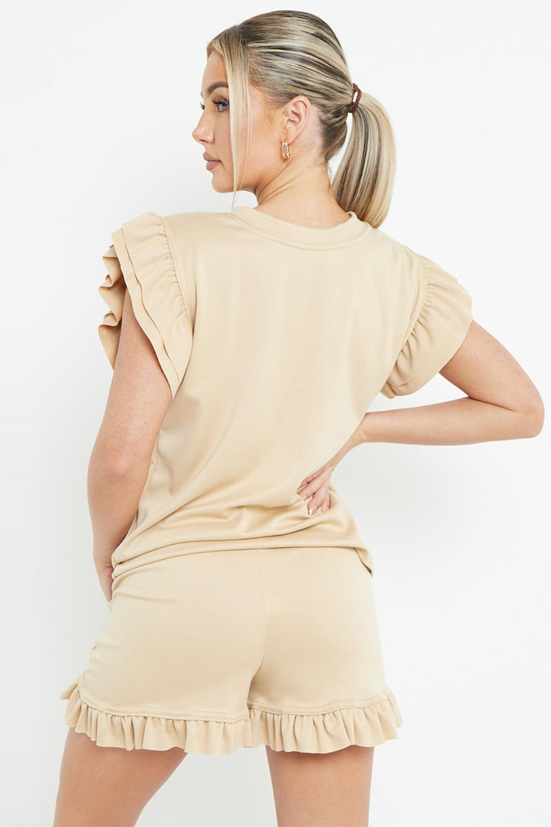 Trendy Ruffle Sleeve Loose Top & Drawstring Waist Shorts Co-ord