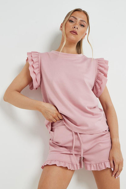 Trendy Ruffle Sleeve Loose Top & Drawstring Waist Shorts Co-ord