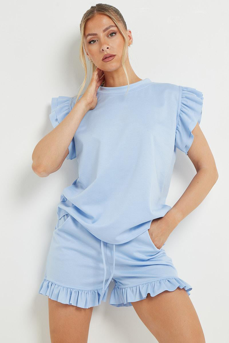 Trendy Ruffle Sleeve Loose Top & Drawstring Waist Shorts Co-ord