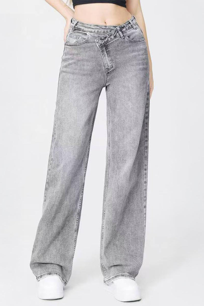 Asymmetrical High Waist Multi Pocket Wide Leg Jeans Street Style
