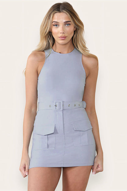 Crew Neck Belt Decor Flap Pockets Tank Dress With Lined