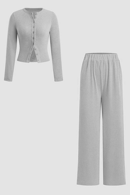Minimalist Solid Button-Up Top & Wide-Leg Trousers Co-ord