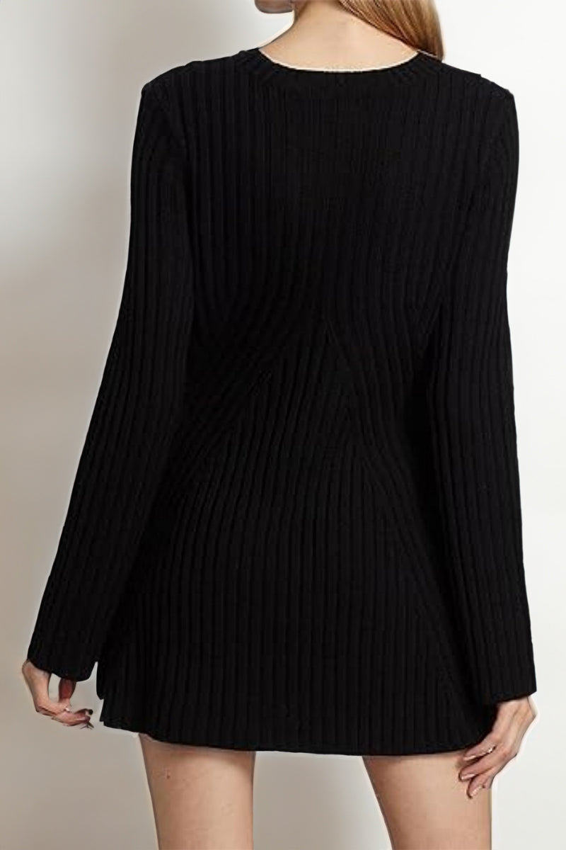 Versatile Knit Crew Neck Cuff Slit Rib Slim Sweater Dress