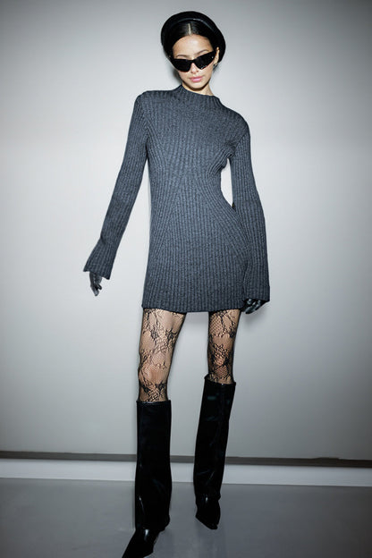 Versatile Knit Crew Neck Cuff Slit Rib Slim Sweater Dress