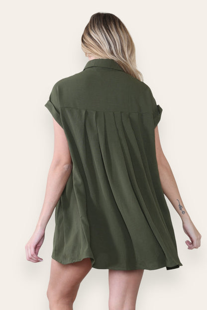 Leisure Collared Short Sleeve Button-Up Ruched Shirtdress