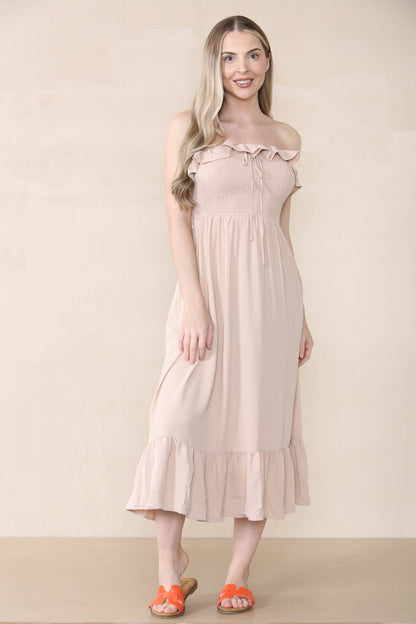Lovely Plain Sleeveless Frill Front Tie Pleated Maxi Dress