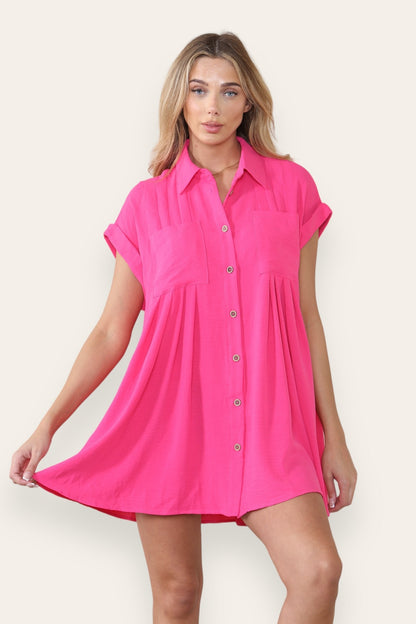 Leisure Collared Short Sleeve Button-Up Ruched Shirtdress