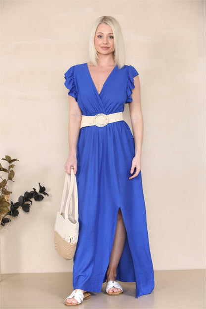 Elegant Solid V Neck Puff Sleeve Tie-Up Slit Maxi Dress