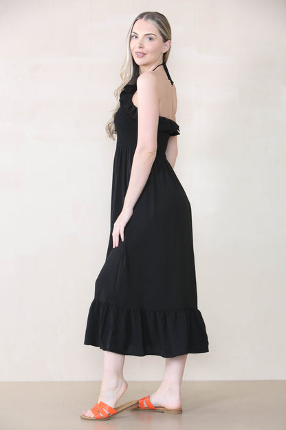 Lovely Plain Sleeveless Frill Front Tie Pleated Maxi Dress