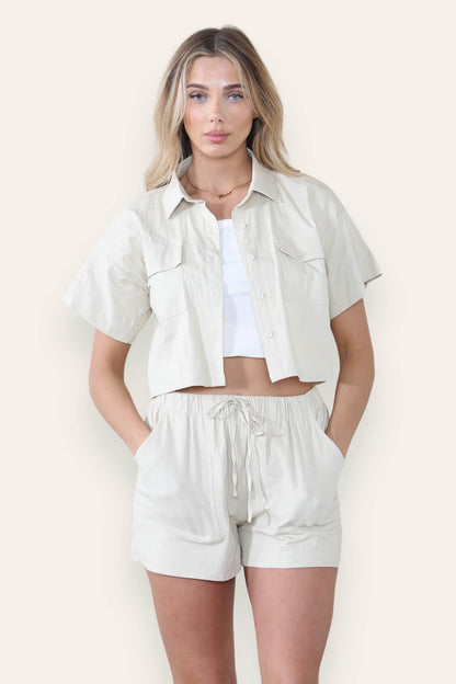 Casual Button Blouse & Drawstring Shorts Co-ord