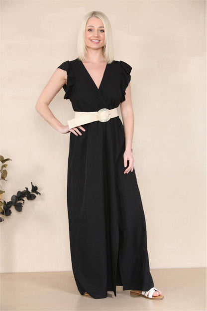 Elegant Solid V Neck Puff Sleeve Tie-Up Slit Maxi Dress