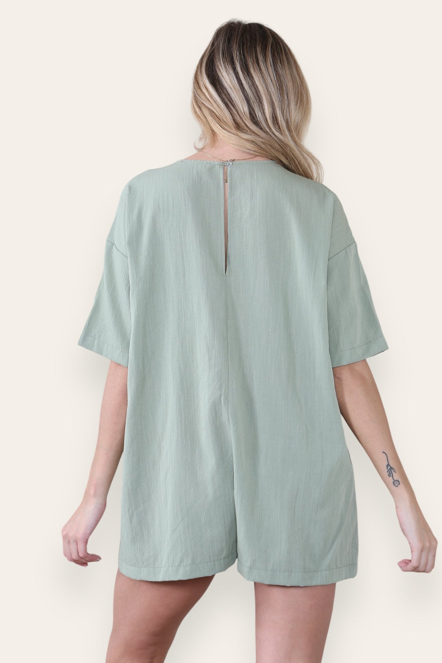 Casual Plain V Neck Half Sleeve Pocket Loose Playsuit