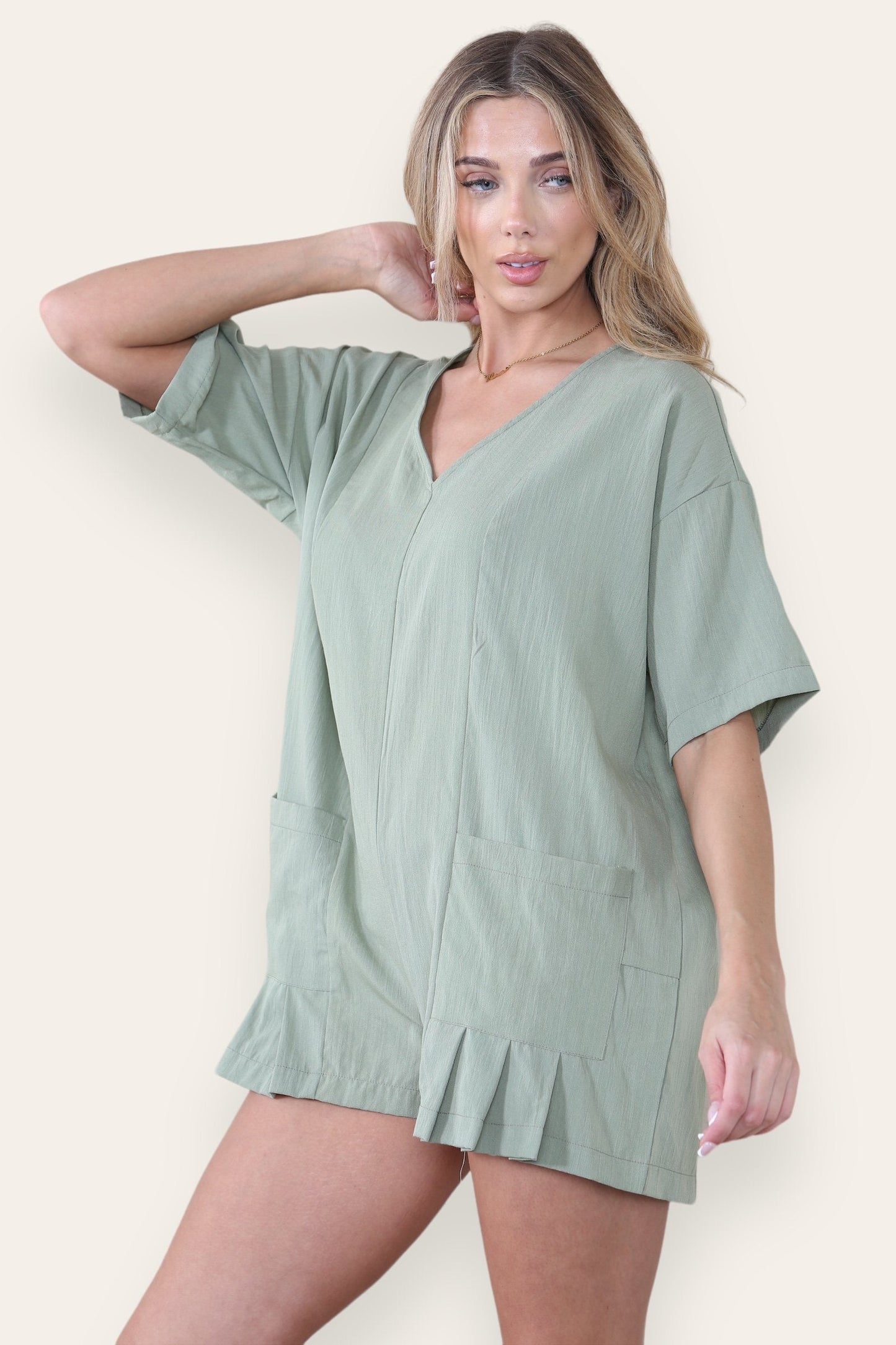 Casual Plain V Neck Half Sleeve Pocket Loose Playsuit