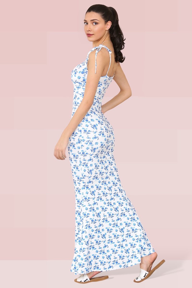 Breezy Adjustable Strap Floral Print Tie-Up Slinky Maxi Dress