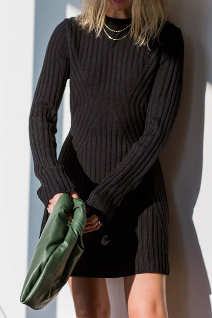 Versatile Knit Crew Neck Cuff Slit Rib Slim Sweater Dress