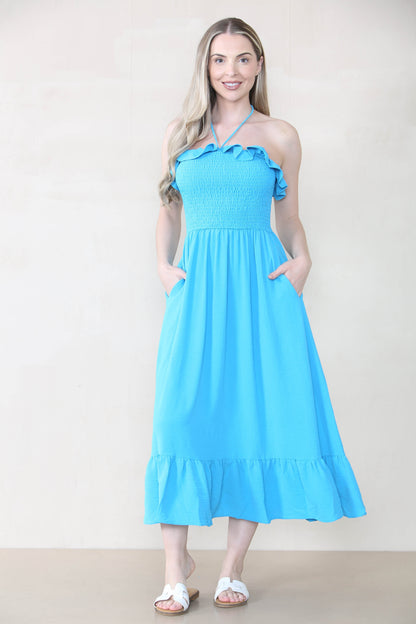 Lovely Plain Sleeveless Frill Front Tie Pleated Maxi Dress