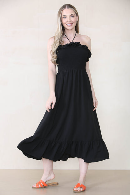 Lovely Plain Sleeveless Frill Front Tie Pleated Maxi Dress