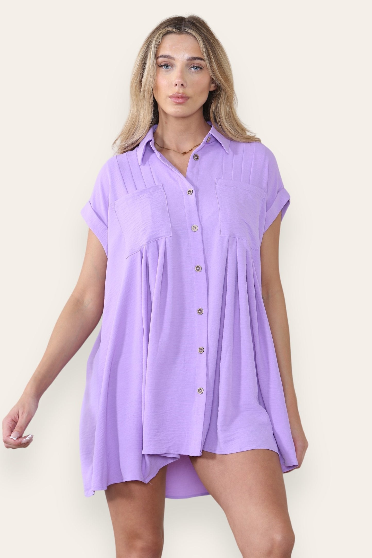Leisure Collared Short Sleeve Button-Up Ruched Shirtdress