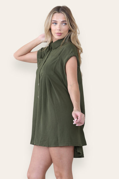 Leisure Collared Short Sleeve Button-Up Ruched Shirtdress