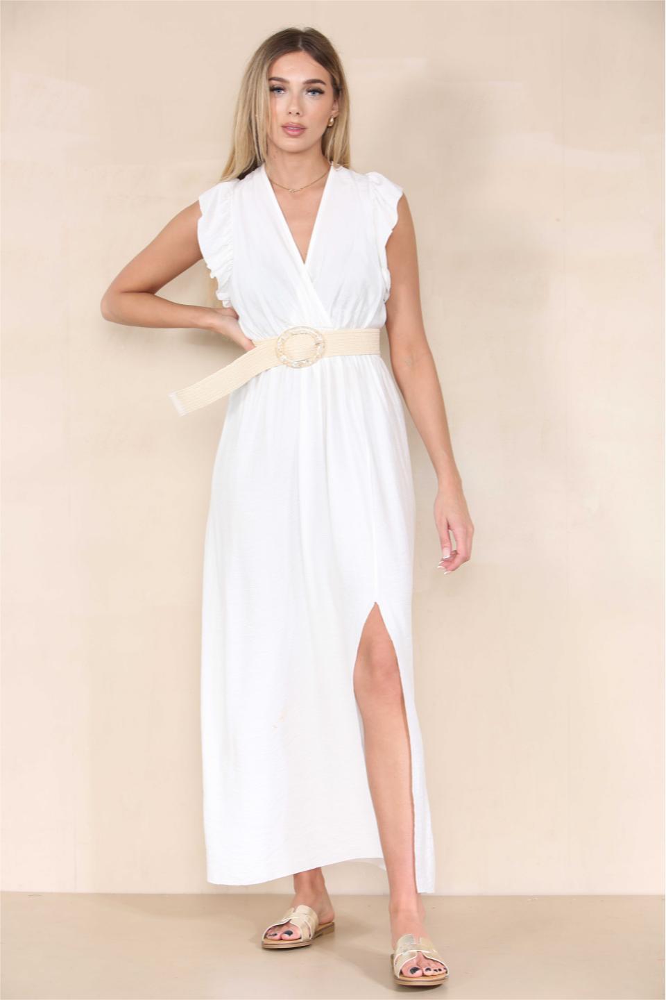 Elegant Solid V Neck Puff Sleeve Tie-Up Slit Maxi Dress