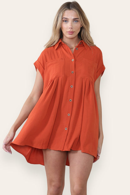 Leisure Collared Short Sleeve Button-Up Ruched Shirtdress