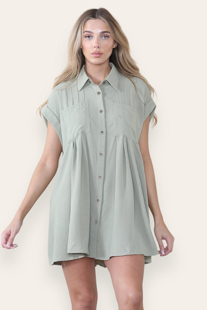 Leisure Collared Short Sleeve Button-Up Ruched Shirtdress