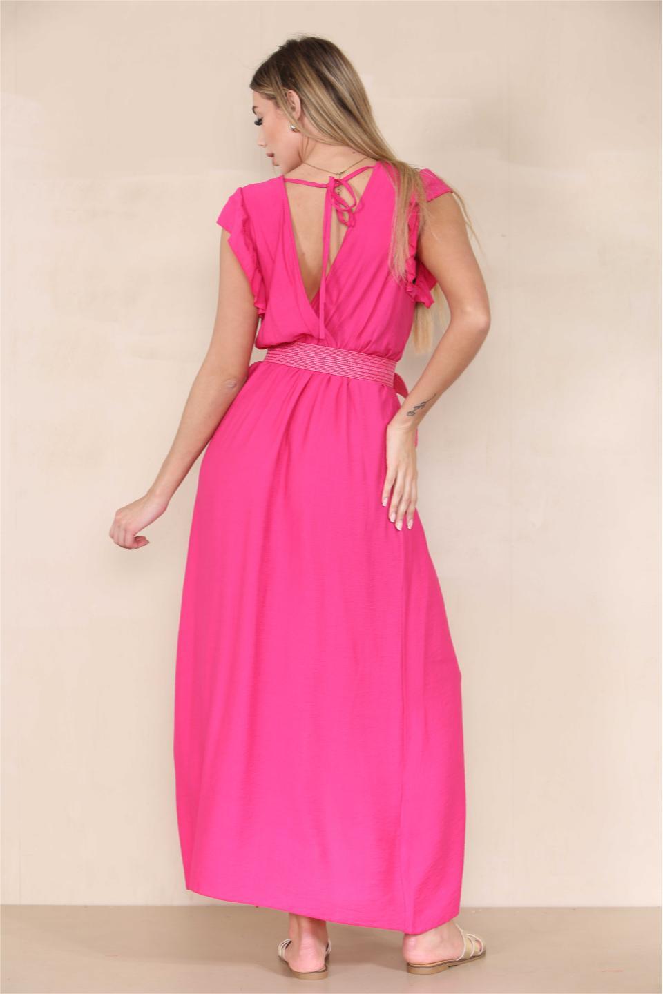 Elegant Solid V Neck Puff Sleeve Tie-Up Slit Maxi Dress