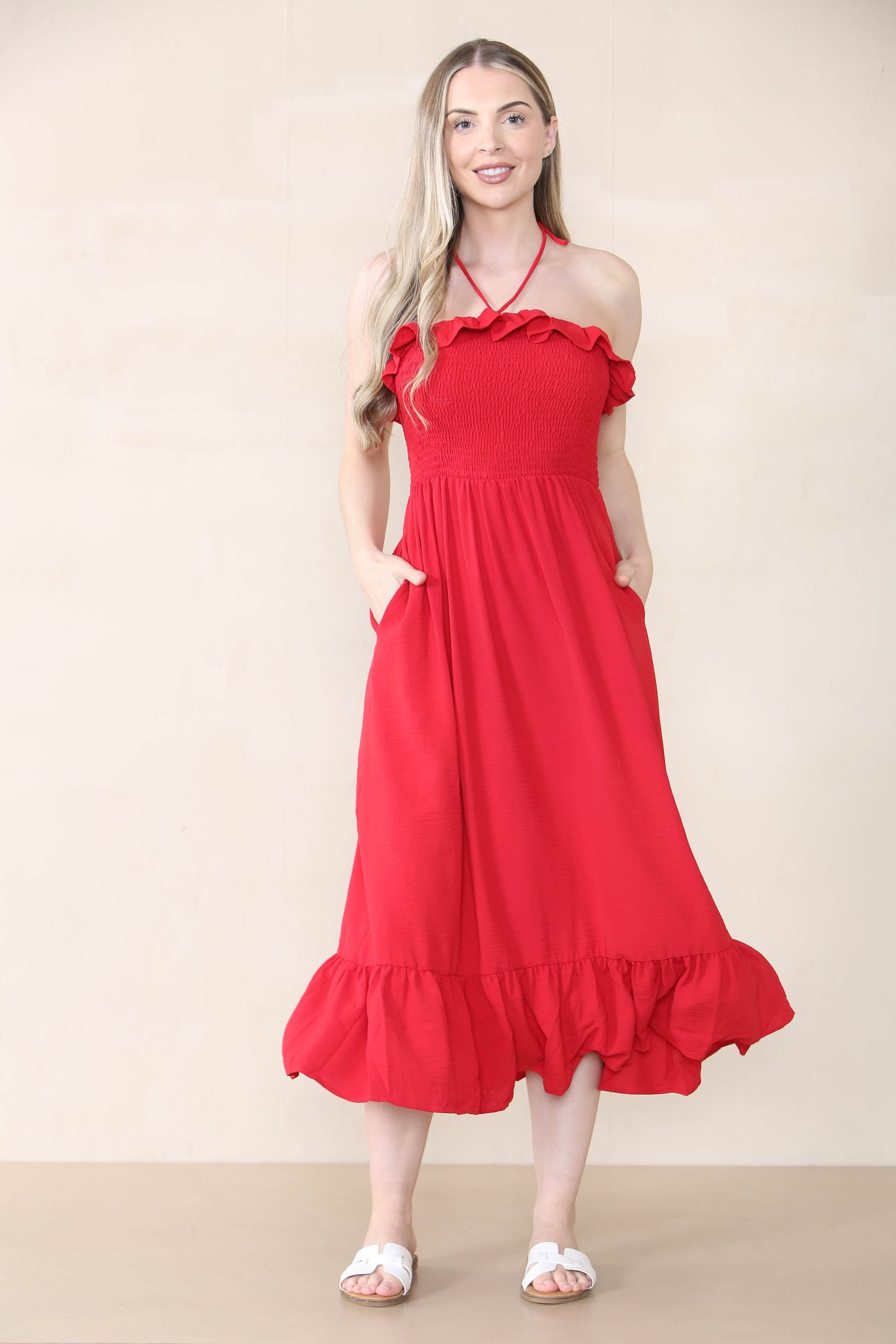 Lovely Plain Sleeveless Frill Front Tie Pleated Maxi Dress