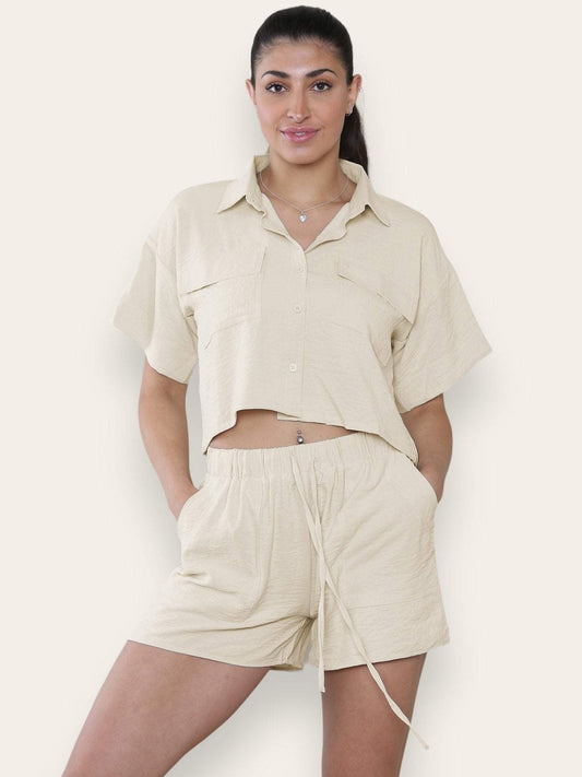 Versatile Solid Collared Flap Pocket Short Sleeve Shirt & Drawstring Waist Shorts Co-ord