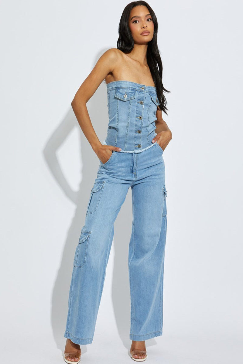Trendy Denim High Waist Wide Leg Cargo Trousers