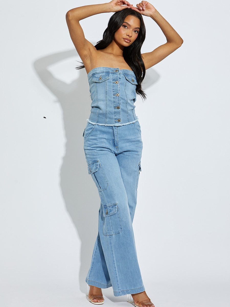 Trendy Denim High Waist Wide Leg Cargo Trousers