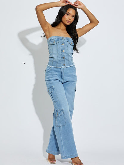 Trendy Denim High Waist Wide Leg Cargo Trousers